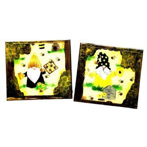 GNOMES HONEYBEES Set of 2 Coasters, Cute Drink Coasters. It makes a great gift